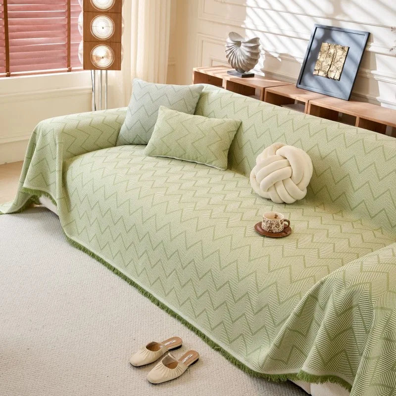 All-Season Universal Full Coverage Non-Slip Couch Imitation Llinen Solid Couch Camping Blanket Vintage Wave Pattern Sofa Cover